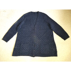 Womens Sweater-LANDS' END-navy/metallic cotton honeycomb knit v cardigan-3X